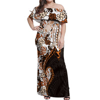 Monstera Plumeria Flowers Orange Off Shoulder Maxi Dress Polynesian Pattern