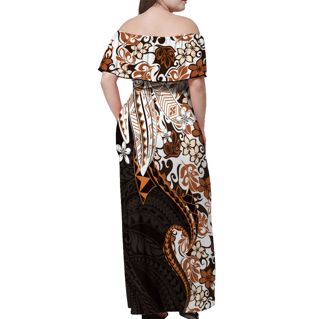 Monstera Plumeria Flowers Orange Off Shoulder Maxi Dress Polynesian Pattern