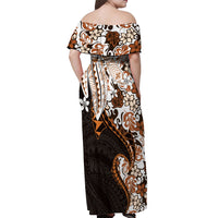 Monstera Plumeria Flowers Orange Off Shoulder Maxi Dress Polynesian Pattern