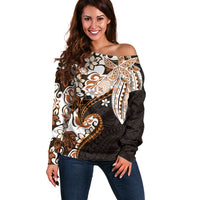 Monstera Plumeria Flowers Orange Off Shoulder Sweater Polynesian Pattern LT01 Women Orange - Polynesian Pride