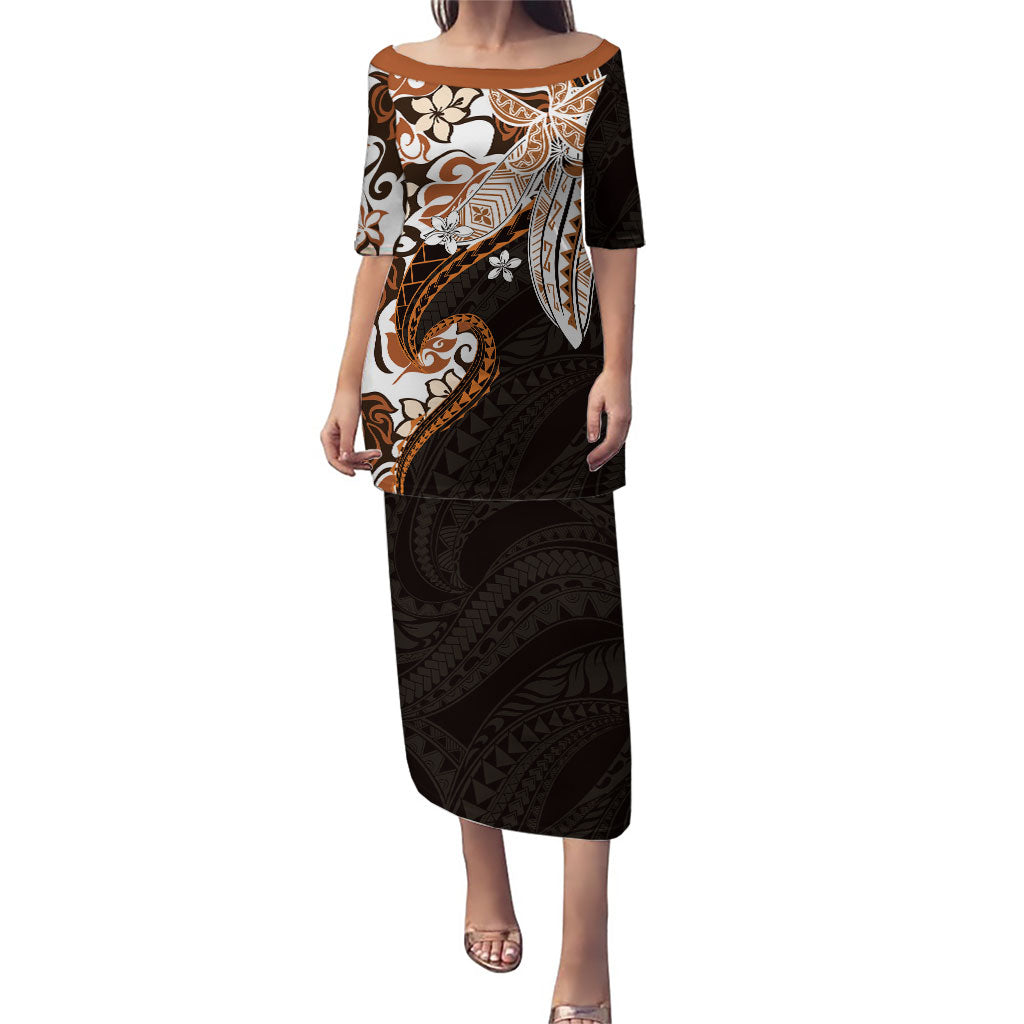 Monstera Plumeria Flowers Orange Puletasi Polynesian Pattern LT01 Long Dress Orange - Polynesian Pride
