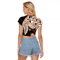 Monstera Plumeria Flowers Orange Raglan Cropped T Shirt Polynesian Pattern LT01 - Polynesian Pride