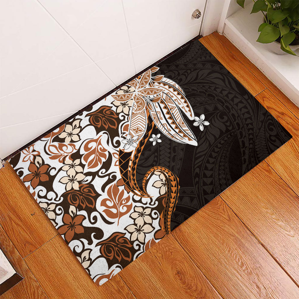 Monstera Plumeria Flowers Orange Rubber Doormat Polynesian Pattern