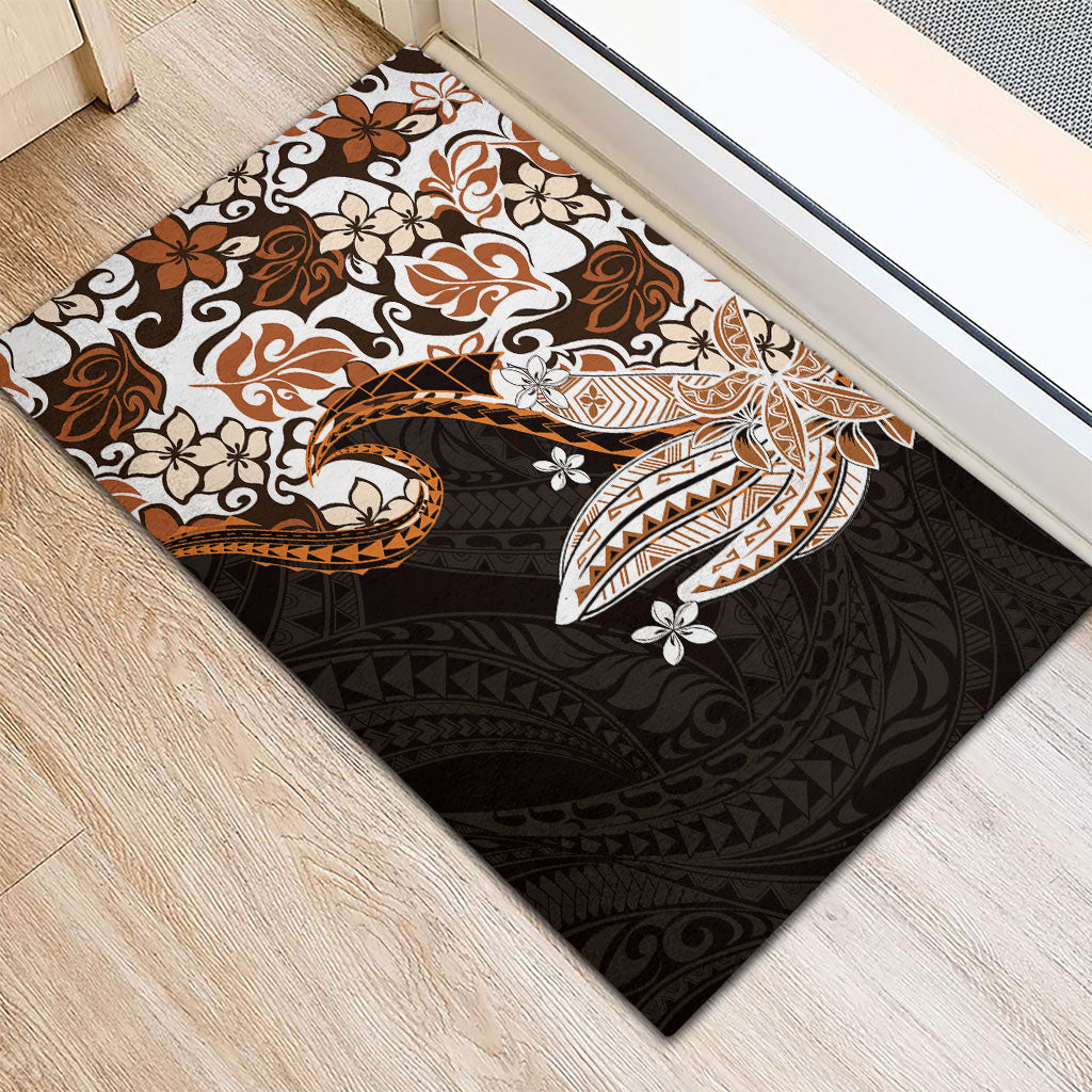 Monstera Plumeria Flowers Orange Rubber Doormat Polynesian Pattern