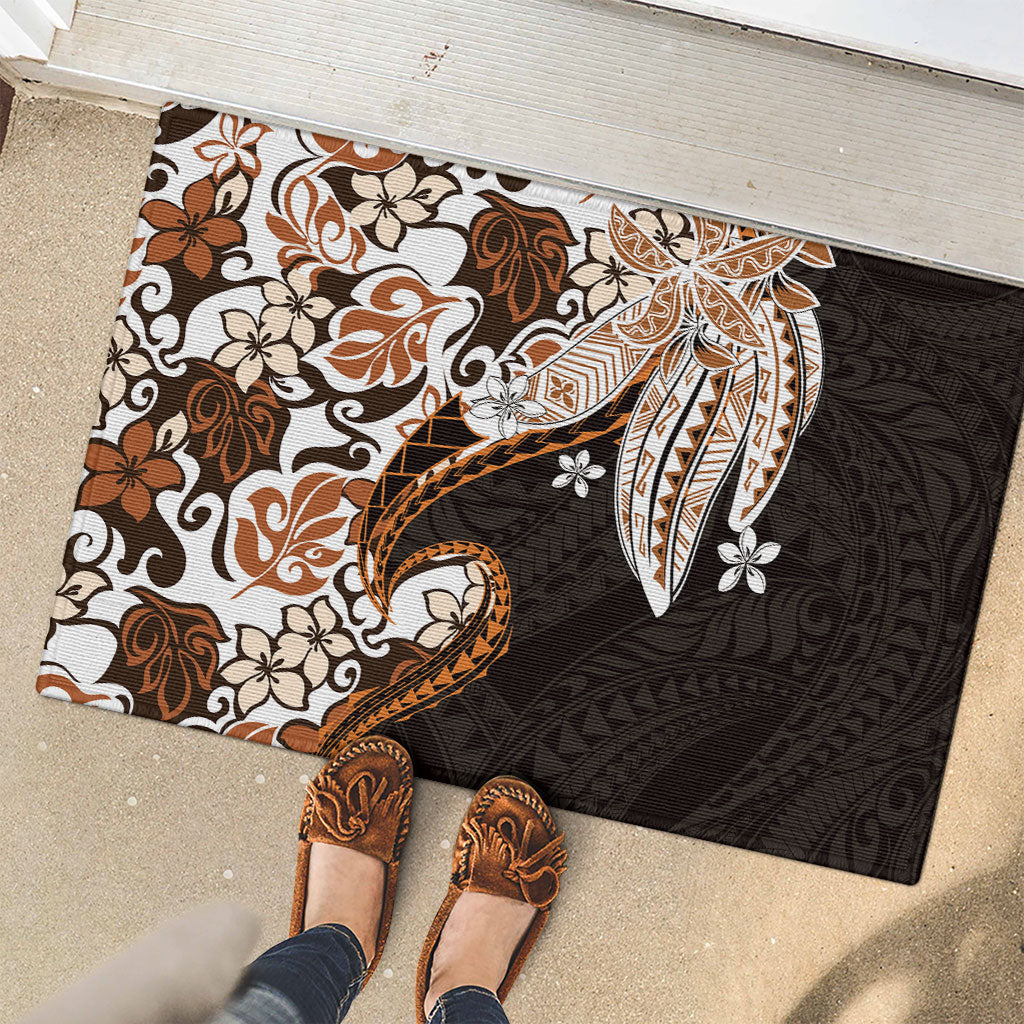 Monstera Plumeria Flowers Orange Rubber Doormat Polynesian Pattern