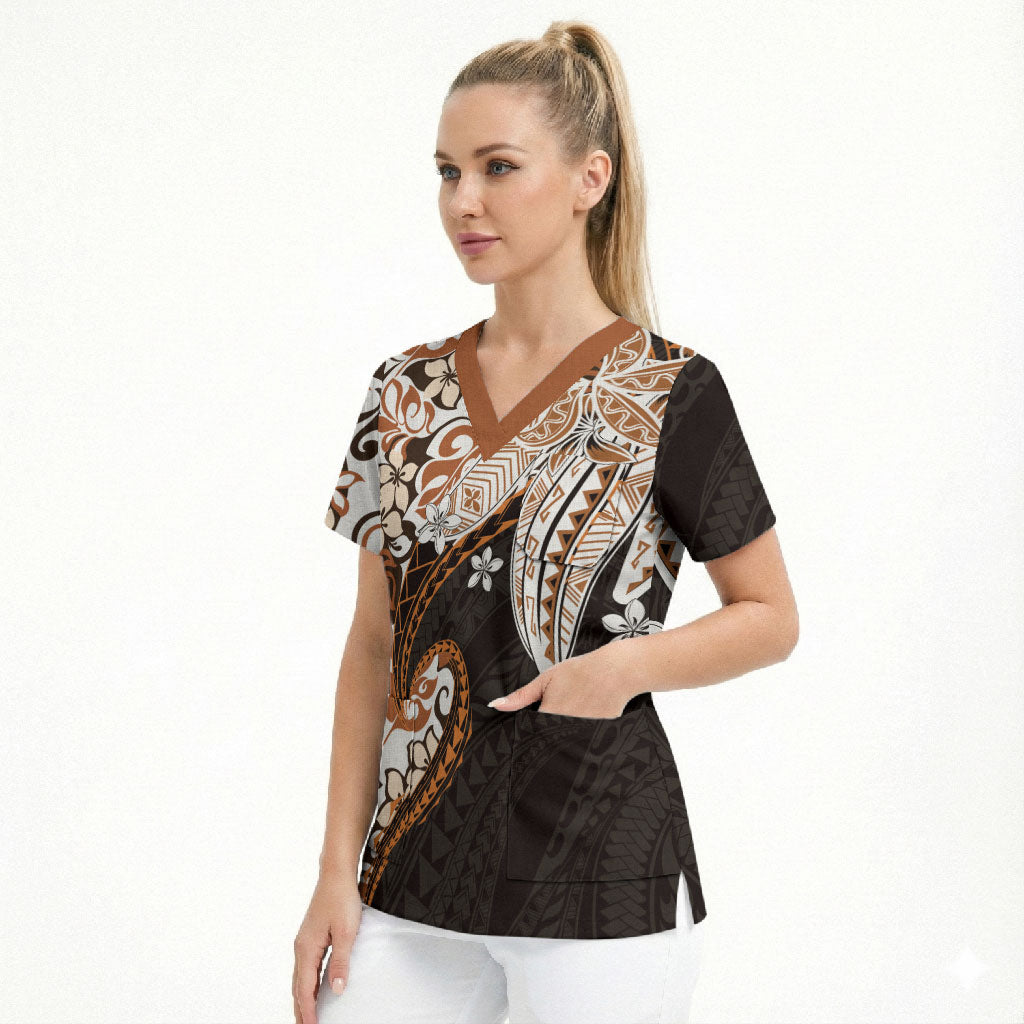 Monstera Plumeria Flowers Orange Scrub Top Polynesian Pattern LT01 - Polynesian Pride