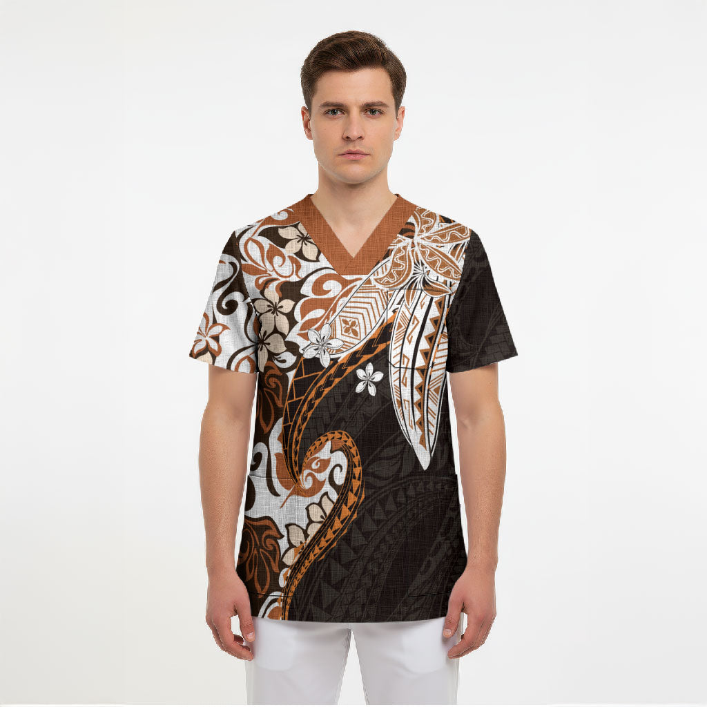 Monstera Plumeria Flowers Orange Scrub Top Polynesian Pattern LT01 - Polynesian Pride