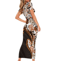 Monstera Plumeria Flowers Orange Short Sleeve Bodycon Dress Polynesian Pattern LT01 - Polynesian Pride