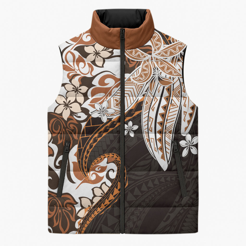 Monstera Plumeria Flowers Orange Sleeveless Puffer Jacket Polynesian Pattern LT01 Unisex Orange - Polynesian Pride