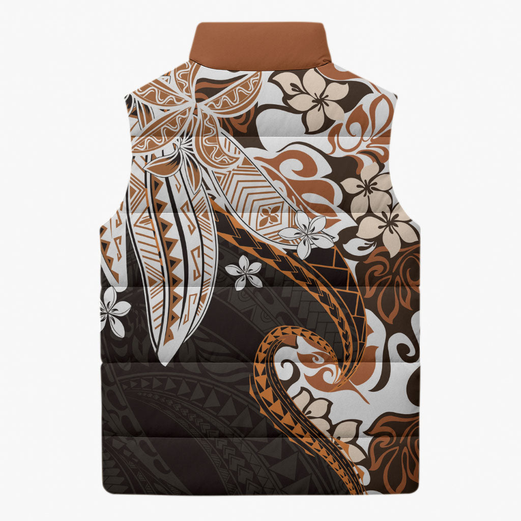 Monstera Plumeria Flowers Orange Sleeveless Puffer Jacket Polynesian Pattern LT01 - Polynesian Pride