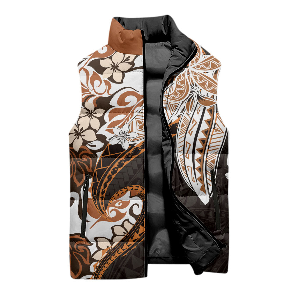 Monstera Plumeria Flowers Orange Sleeveless Puffer Jacket Polynesian Pattern LT01 - Polynesian Pride