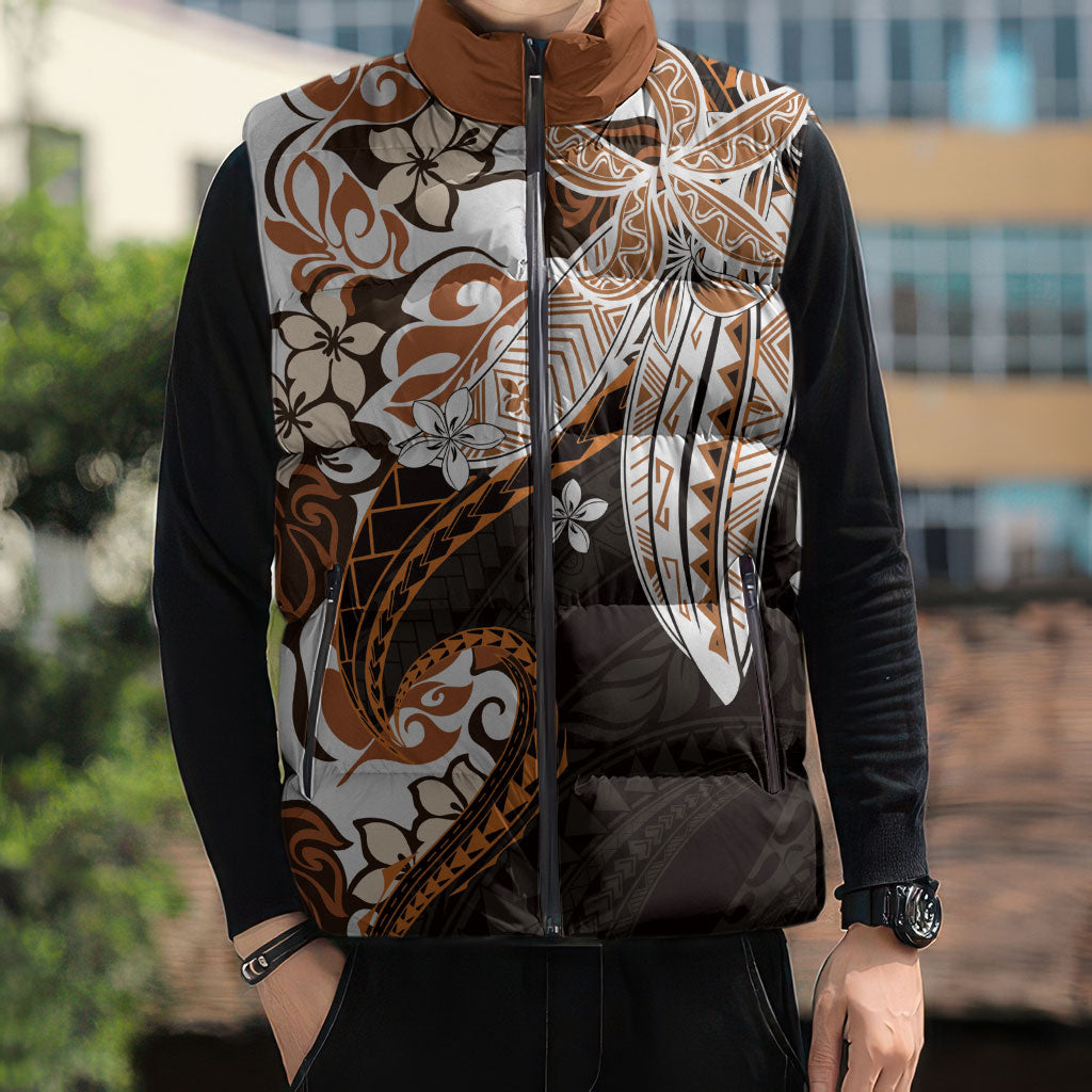 Monstera Plumeria Flowers Orange Sleeveless Puffer Jacket Polynesian Pattern LT01 - Polynesian Pride