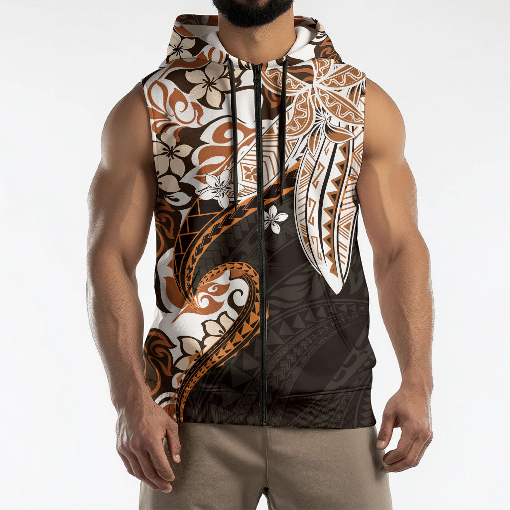 Monstera Plumeria Flowers Orange Sleeveless Zip Hoodie Polynesian Pattern LT01 - Polynesian Pride