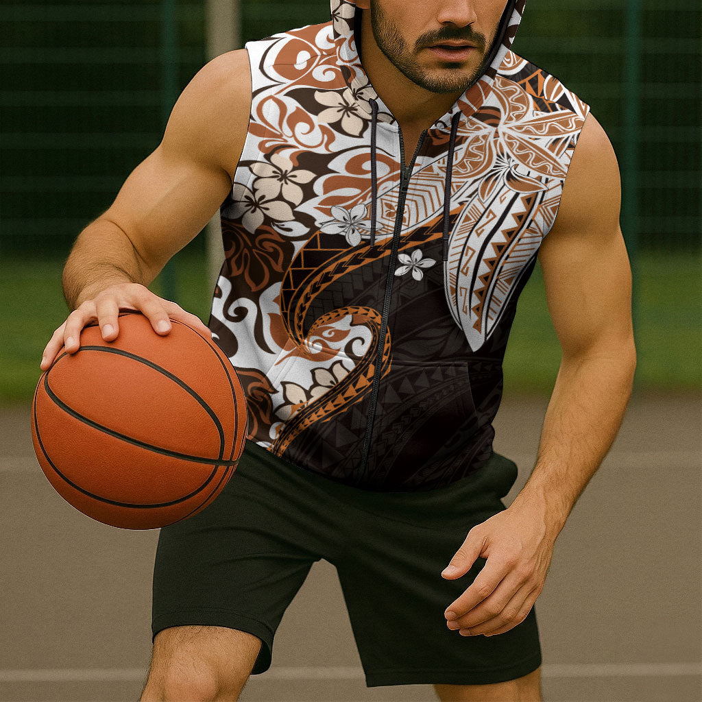 Monstera Plumeria Flowers Orange Sleeveless Zip Hoodie Polynesian Pattern LT01 - Polynesian Pride