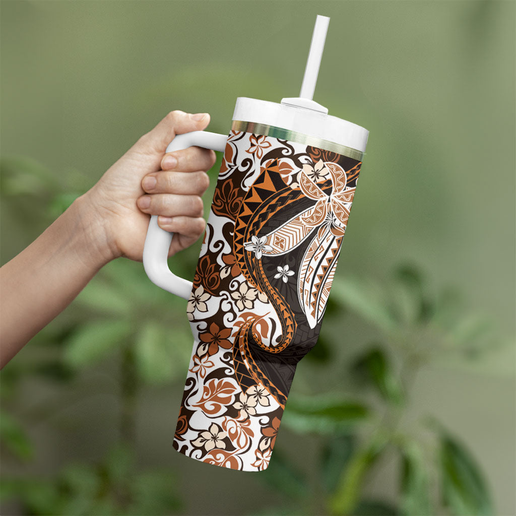 Monstera Plumeria Flowers Orange Tumbler With Handle Polynesian Pattern LT01 - Polynesian Pride
