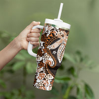 Monstera Plumeria Flowers Orange Tumbler With Handle Polynesian Pattern LT01 - Polynesian Pride