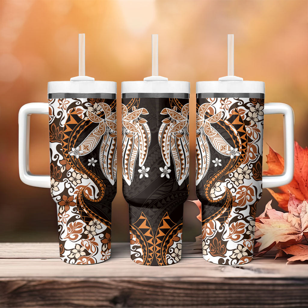 Monstera Plumeria Flowers Orange Tumbler With Handle Polynesian Pattern LT01 - Polynesian Pride