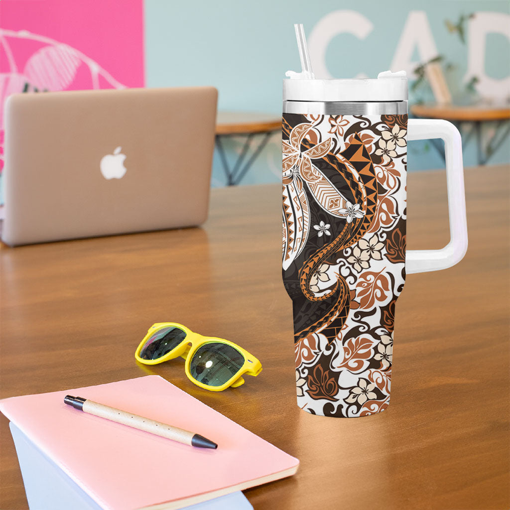 Monstera Plumeria Flowers Orange Tumbler With Handle Polynesian Pattern LT01 - Polynesian Pride
