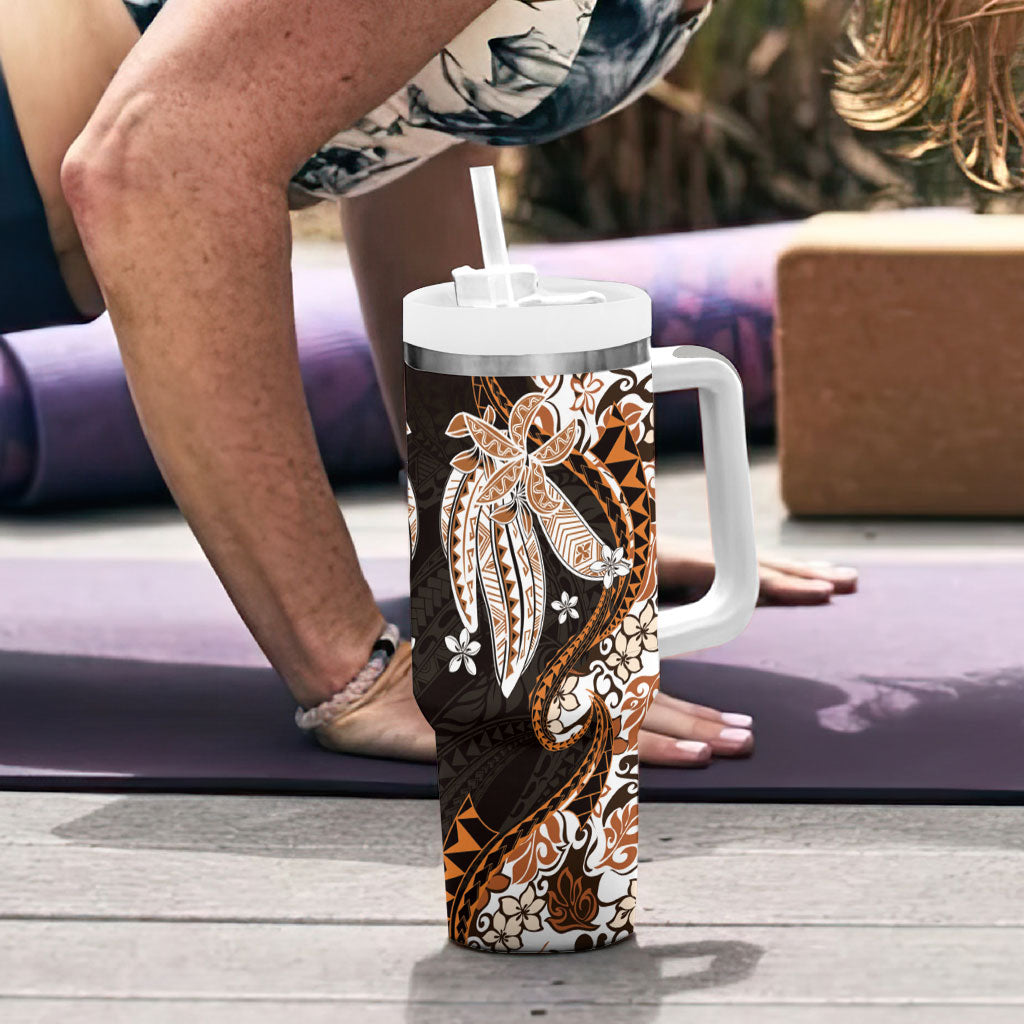 Monstera Plumeria Flowers Orange Tumbler With Handle Polynesian Pattern LT01 - Polynesian Pride