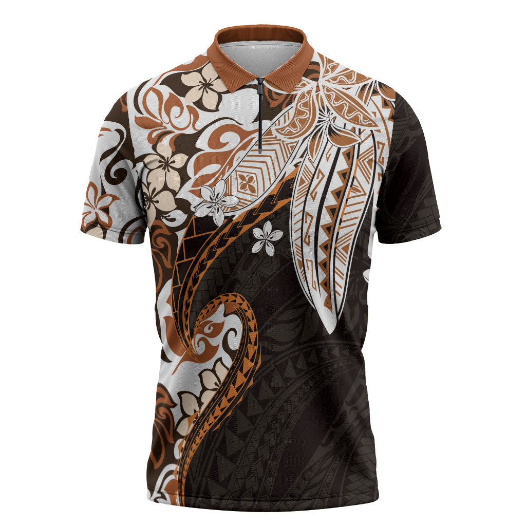 Monstera Plumeria Flowers Orange Zipper Polo Shirt Polynesian Pattern