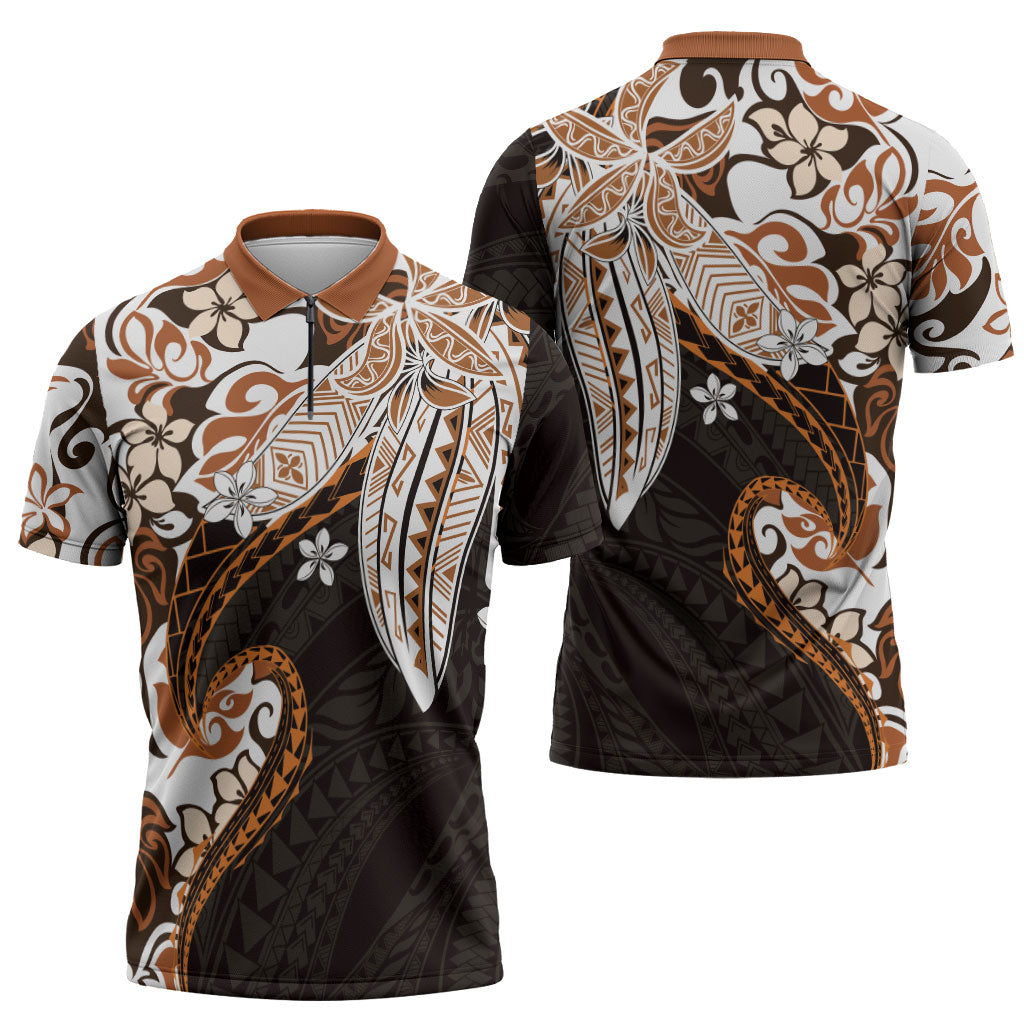 Monstera Plumeria Flowers Orange Zipper Polo Shirt Polynesian Pattern