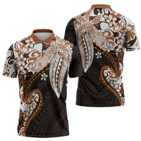 Monstera Plumeria Flowers Orange Zipper Polo Shirt Polynesian Pattern