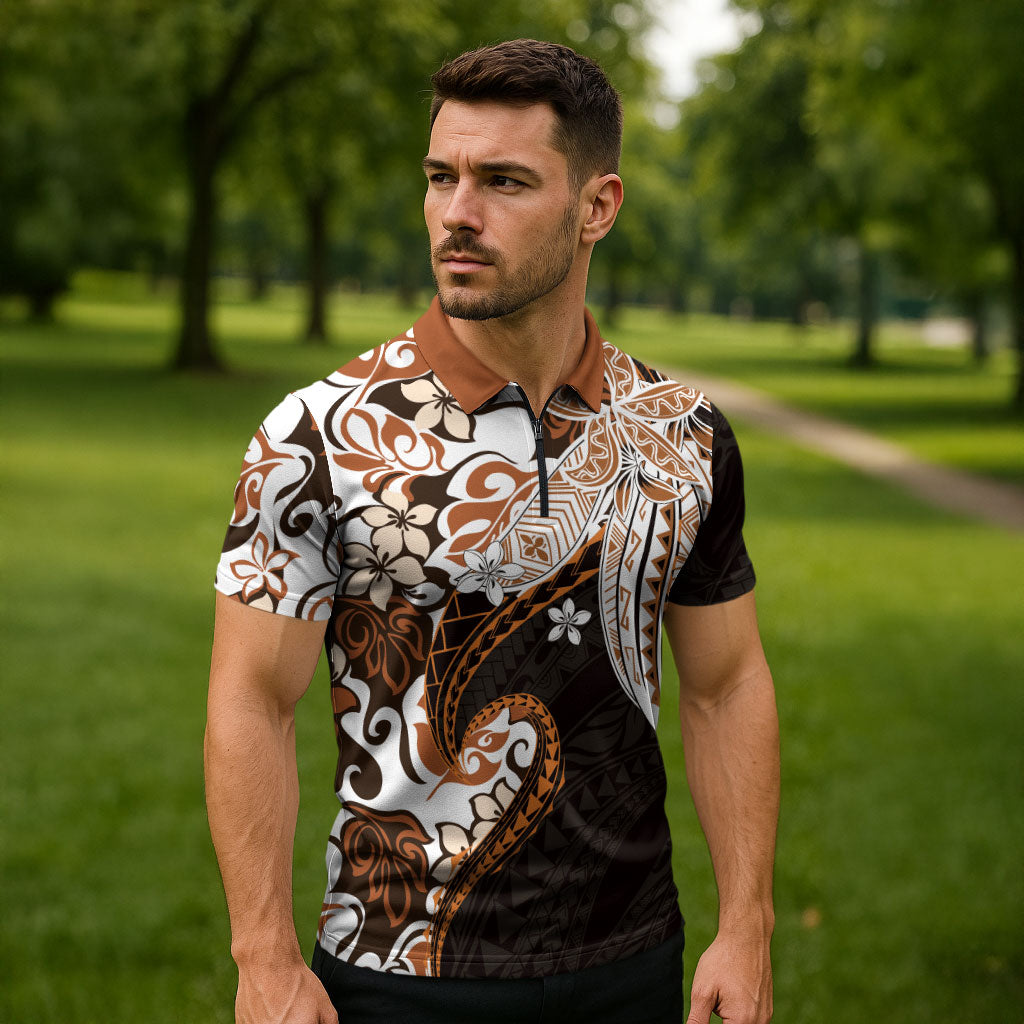 Monstera Plumeria Flowers Orange Zipper Polo Shirt Polynesian Pattern