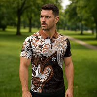 Monstera Plumeria Flowers Orange Zipper Polo Shirt Polynesian Pattern