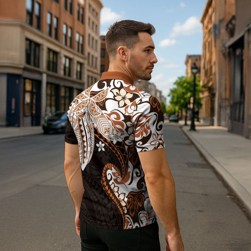 Monstera Plumeria Flowers Orange Zipper Polo Shirt Polynesian Pattern