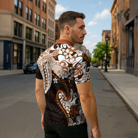 Monstera Plumeria Flowers Orange Zipper Polo Shirt Polynesian Pattern
