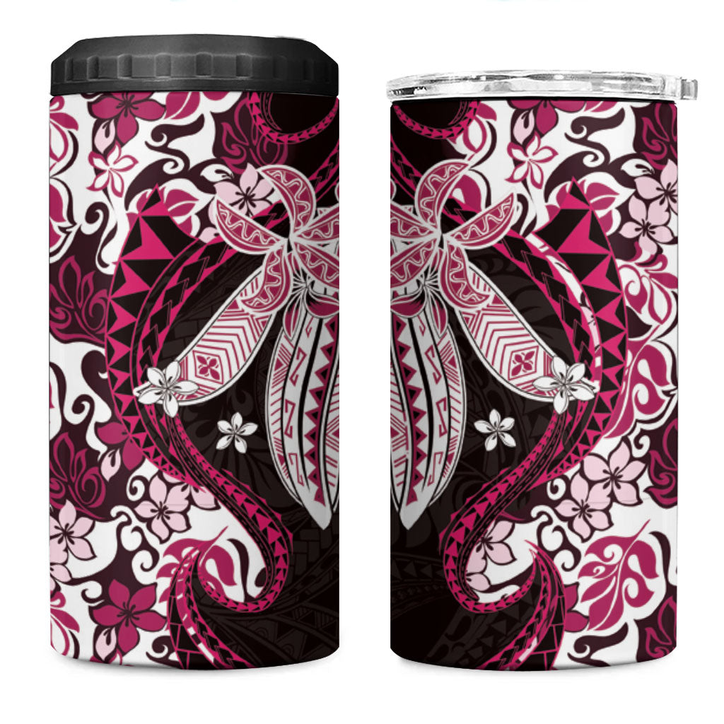Monstera Plumeria Flowers Pink 4 in 1 Can Cooler Tumbler Polynesian Pattern
