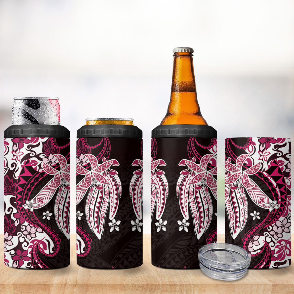 Monstera Plumeria Flowers Pink 4 in 1 Can Cooler Tumbler Polynesian Pattern