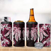 Monstera Plumeria Flowers Pink 4 in 1 Can Cooler Tumbler Polynesian Pattern