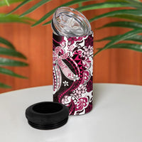 Monstera Plumeria Flowers Pink 4 in 1 Can Cooler Tumbler Polynesian Pattern