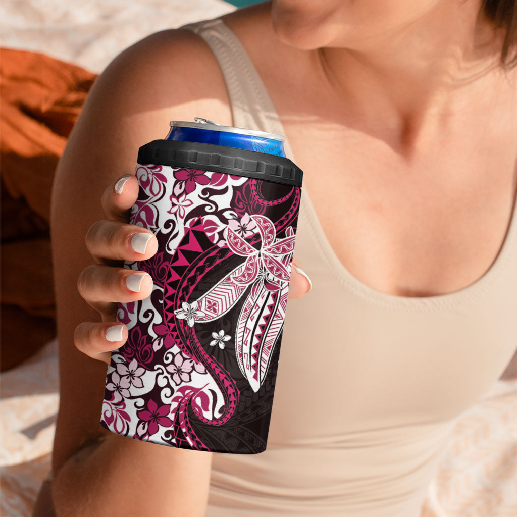 Monstera Plumeria Flowers Pink 4 in 1 Can Cooler Tumbler Polynesian Pattern