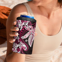 Monstera Plumeria Flowers Pink 4 in 1 Can Cooler Tumbler Polynesian Pattern
