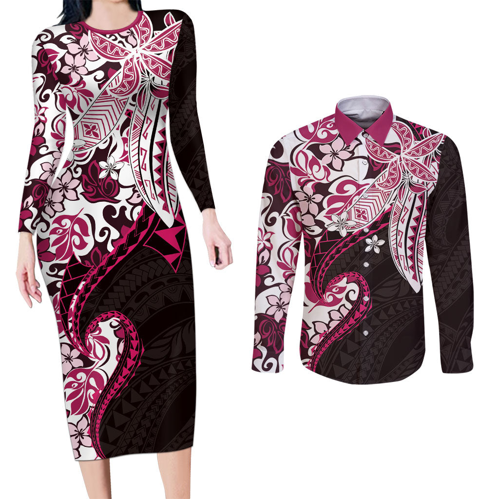 Monstera Plumeria Flowers Pink Couples Matching Long Sleeve Bodycon Dress and Long Sleeve Button Shirt Polynesian Pattern LT01 Pink - Polynesian Pride
