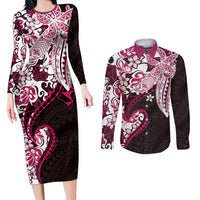Monstera Plumeria Flowers Pink Couples Matching Long Sleeve Bodycon Dress and Long Sleeve Button Shirt Polynesian Pattern LT01 Pink - Polynesian Pride