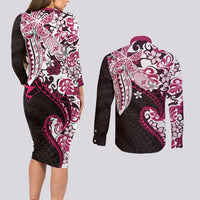 Monstera Plumeria Flowers Pink Couples Matching Long Sleeve Bodycon Dress and Long Sleeve Button Shirt Polynesian Pattern LT01 - Polynesian Pride