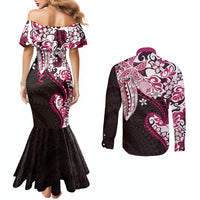 Monstera Plumeria Flowers Pink Couples Matching Mermaid Dress and Long Sleeve Button Shirt Polynesian Pattern LT01 - Polynesian Pride