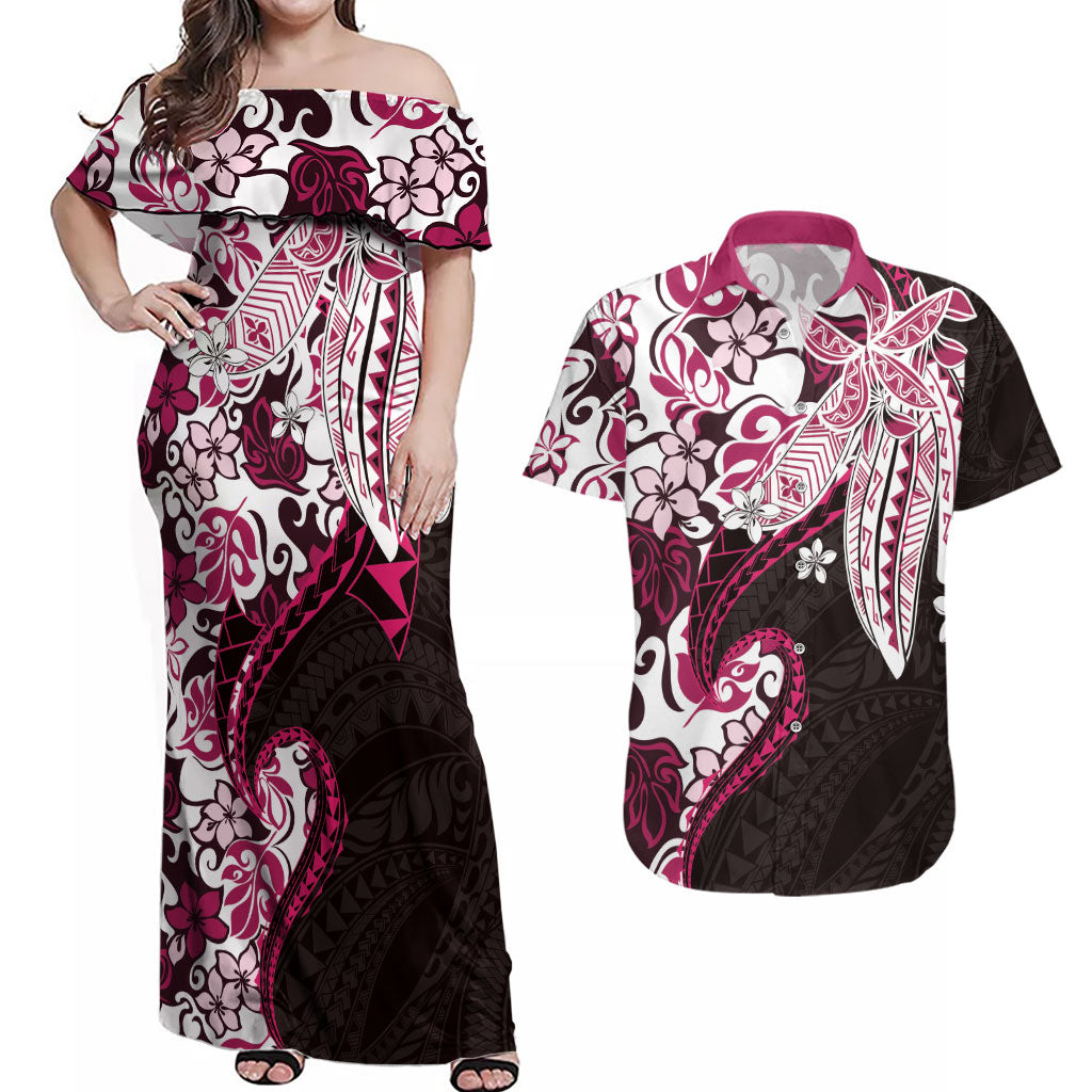 Monstera Plumeria Flowers Pink Couples Matching Off Shoulder Maxi Dress and Hawaiian Shirt Polynesian Pattern LT01 Pink - Polynesian Pride