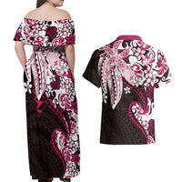 Monstera Plumeria Flowers Pink Couples Matching Off Shoulder Maxi Dress and Hawaiian Shirt Polynesian Pattern LT01 - Polynesian Pride