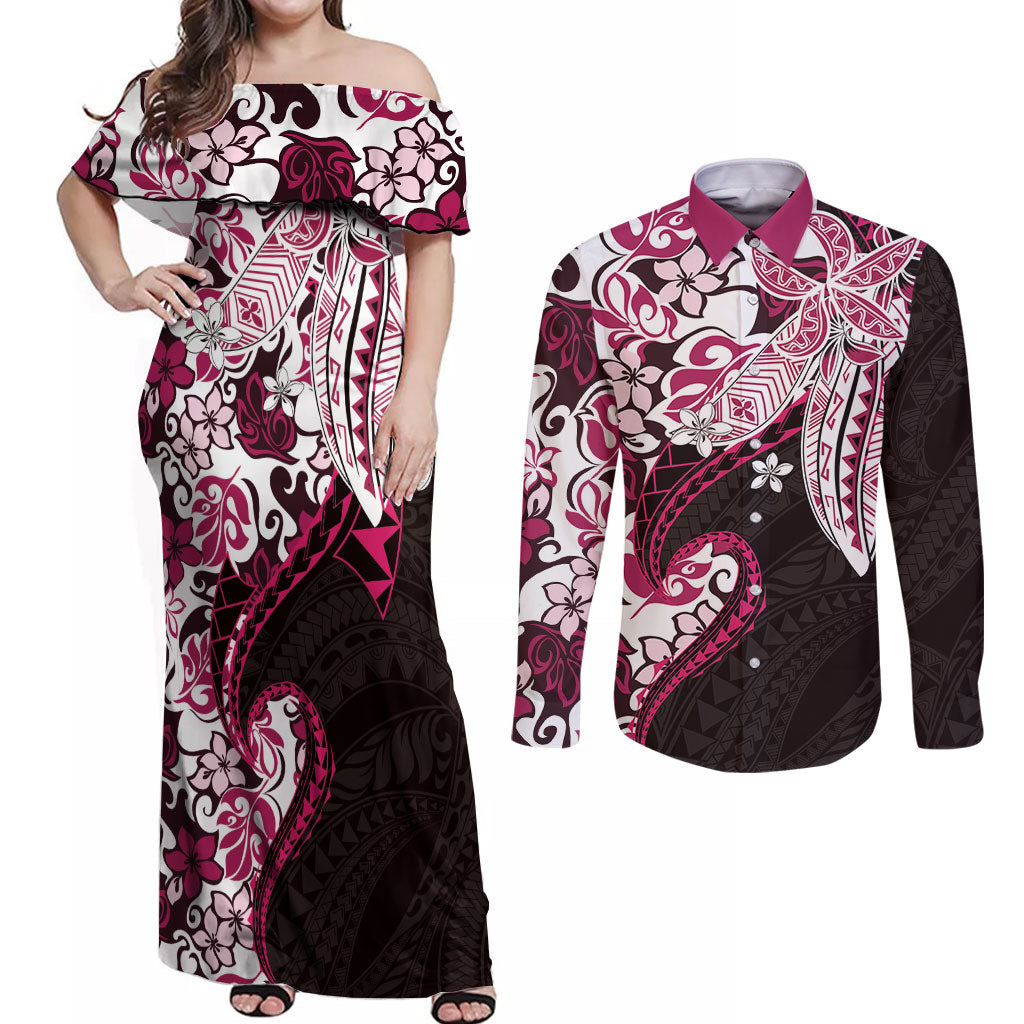 Monstera Plumeria Flowers Pink Couples Matching Off Shoulder Maxi Dress and Long Sleeve Button Shirt Polynesian Pattern LT01 Pink - Polynesian Pride