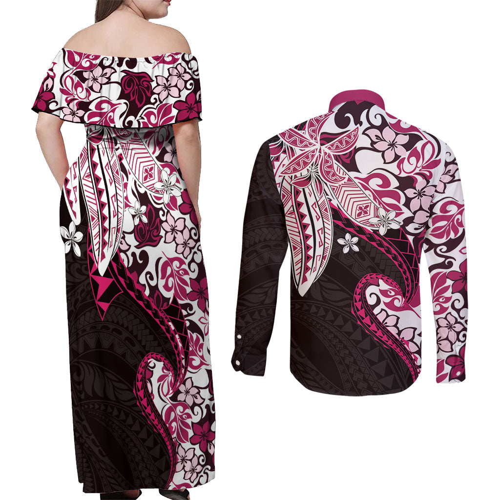 Monstera Plumeria Flowers Pink Couples Matching Off Shoulder Maxi Dress and Long Sleeve Button Shirt Polynesian Pattern LT01 - Polynesian Pride