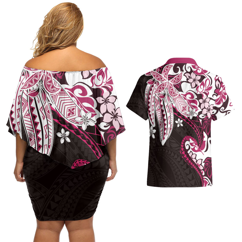 Monstera Plumeria Flowers Pink Couples Matching Off Shoulder Short Dress and Hawaiian Shirt Polynesian Pattern LT01 - Polynesian Pride