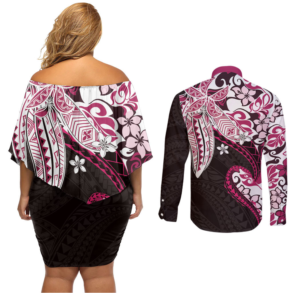 Monstera Plumeria Flowers Pink Couples Matching Off Shoulder Short Dress and Long Sleeve Button Shirt Polynesian Pattern LT01 - Polynesian Pride