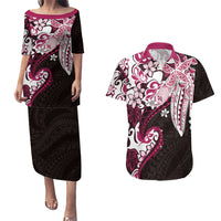 Monstera Plumeria Flowers Pink Couples Matching Puletasi and Hawaiian Shirt Polynesian Pattern LT01 Pink - Polynesian Pride