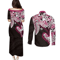 Monstera Plumeria Flowers Pink Couples Matching Puletasi and Long Sleeve Button Shirt Polynesian Pattern LT01 - Polynesian Pride