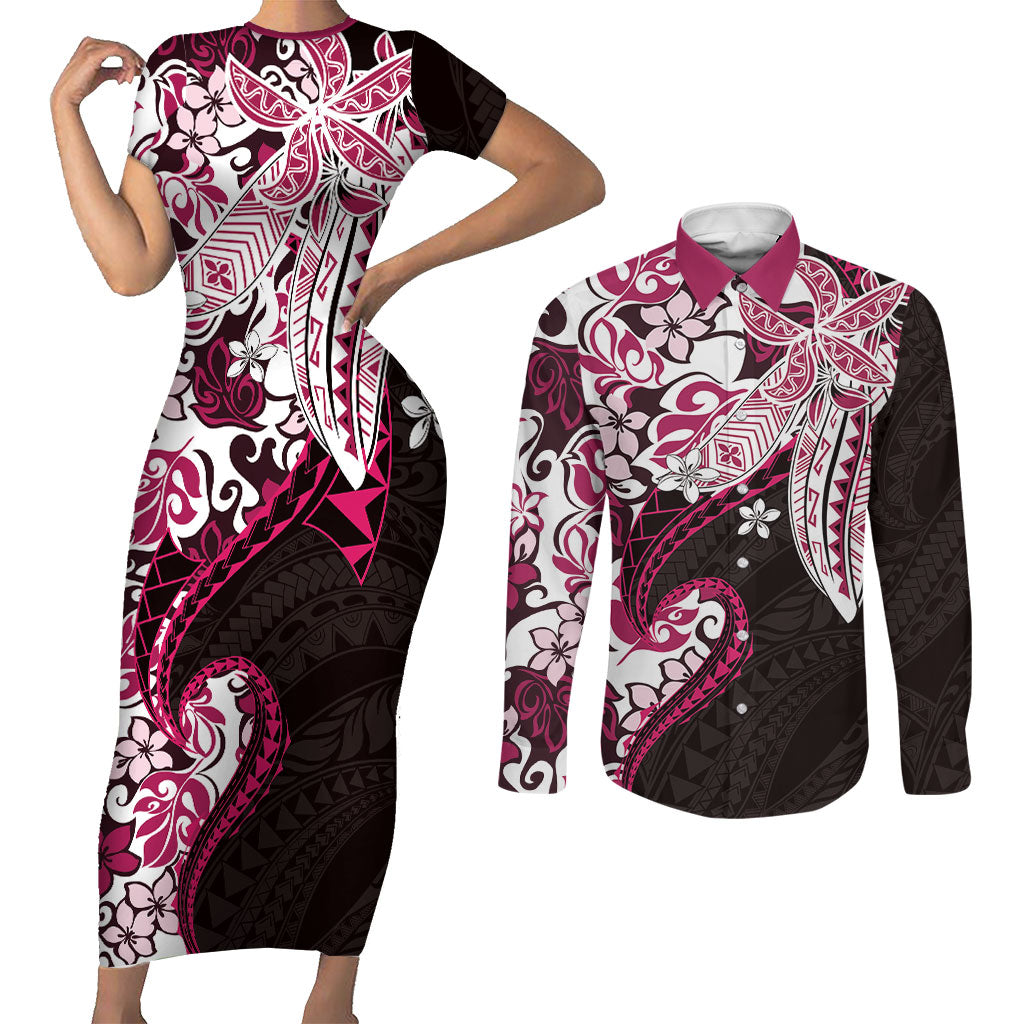 Monstera Plumeria Flowers Pink Couples Matching Short Sleeve Bodycon Dress and Long Sleeve Button Shirt Polynesian Pattern LT01 Pink - Polynesian Pride