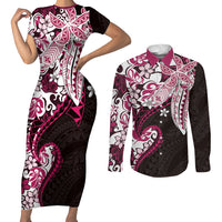 Monstera Plumeria Flowers Pink Couples Matching Short Sleeve Bodycon Dress and Long Sleeve Button Shirt Polynesian Pattern LT01 Pink - Polynesian Pride